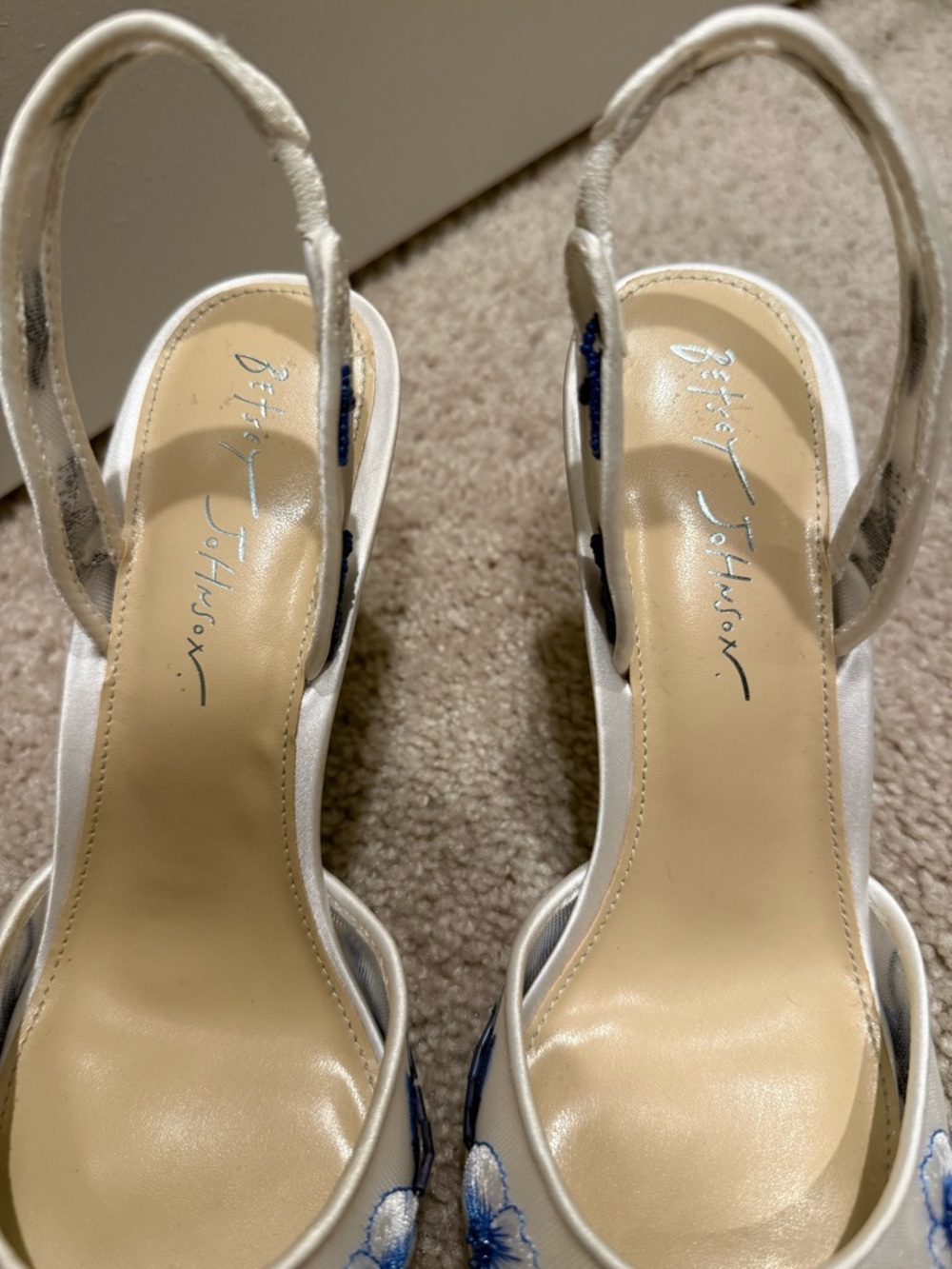 Betsey Johnson White Slingback Heels with Blue Floral Embroidery - Picture 5 of 7
